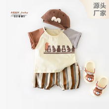 宝宝夏季套装婴儿新款韩版小熊印花圆领短袖儿童条纹大pp裤两件套