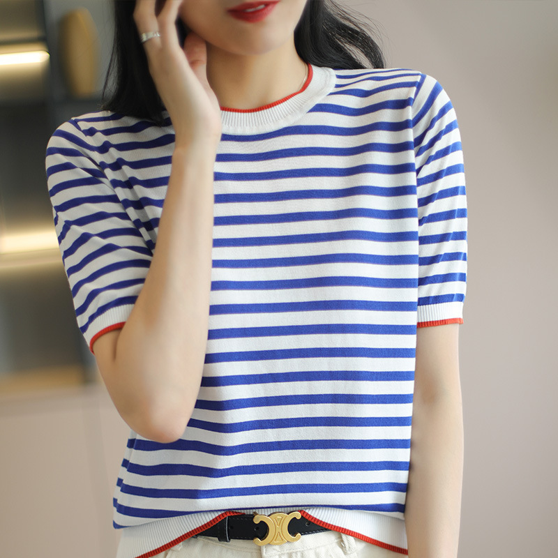 夏季圆领宽松纯天丝蓝色条纹针织衫短袖套头气质清凉女士上衣t恤