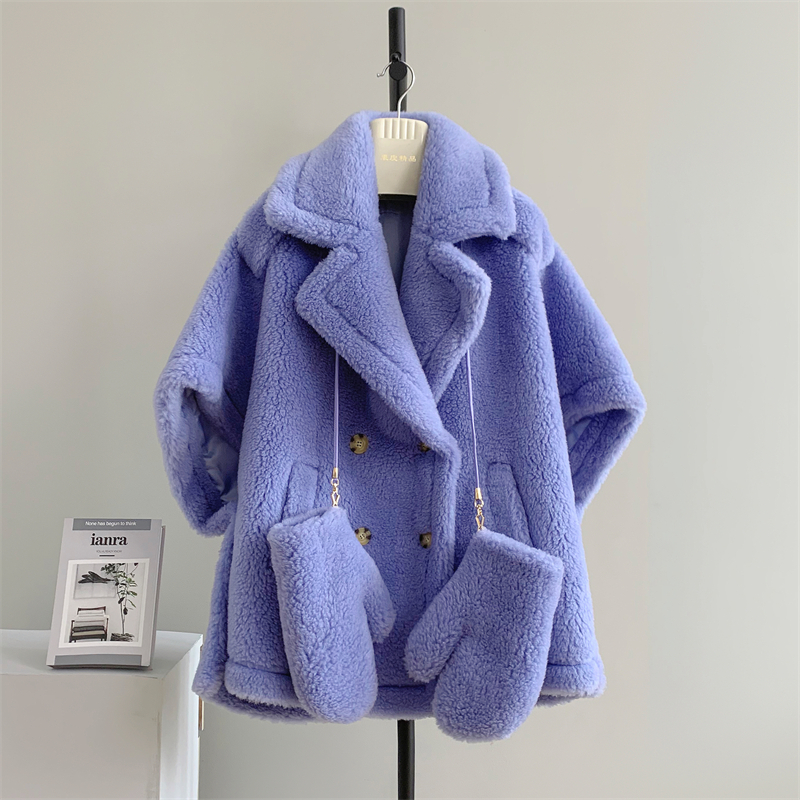 泰迪熊纪念款双排扣披肩大衣斗篷teddy羊羔毛驼绒蚕丝大衣女年轻