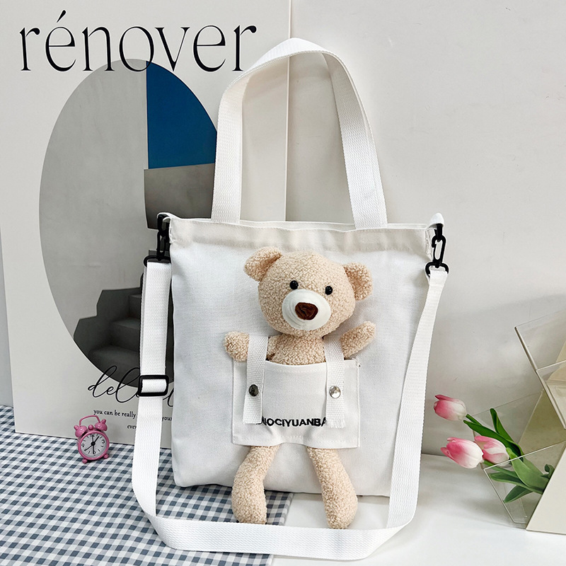 Factory Foreign Trade Large Capacity Cute Bear Canvas Bag Female 2023 Student Class Messenger Bag Literary Shoulder Bag