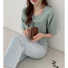 夏季新款韩版chic复古方领宽松设计感小众短袖衬衫女法式洋气上衣