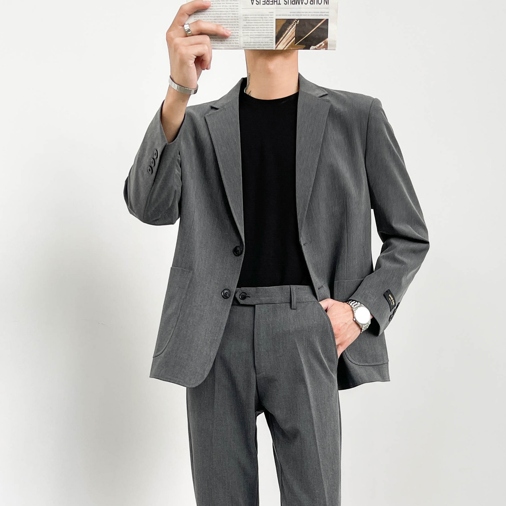 春款轻熟风休闲宽松西装男外套韩版潮流男士青年黑色西服上衣单西