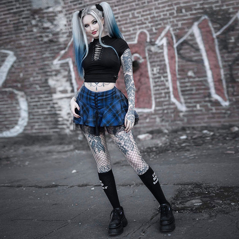 cc21176暗黑系格子网纱拼接绑带短裙 欧美跨境个性半身裙一件代发