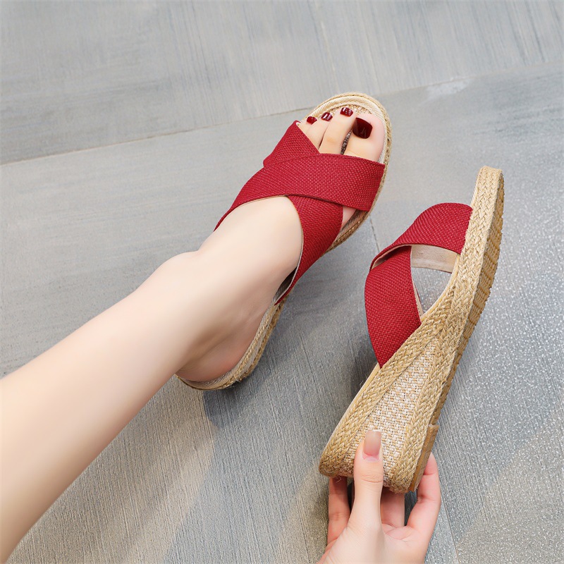 Spring and Summer 2023 New High Heel Sandals Old Beijing Cloth Shoes Wedge Women's Shoes Casual Beige Korean Style Women's Slippers