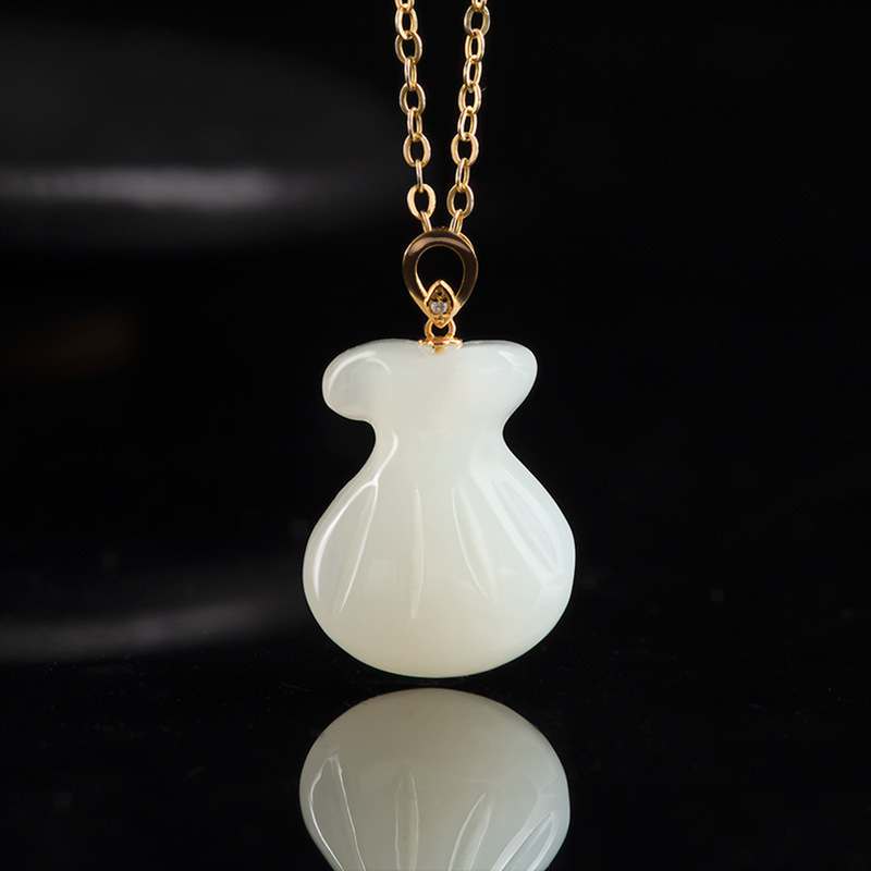 新款和田玉白玉福袋吊坠18k金镶玉石项链挂件男士女款礼品批发