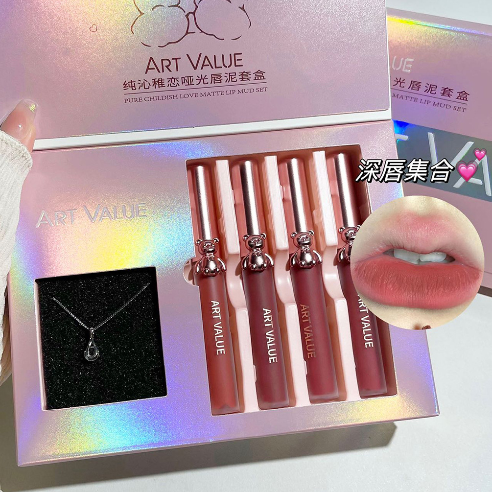 Art Value Bear Lip Mud Necklace Set Matte Finish Lip Mud Mirror Lip Lacquer Girl Versatile Wholesale