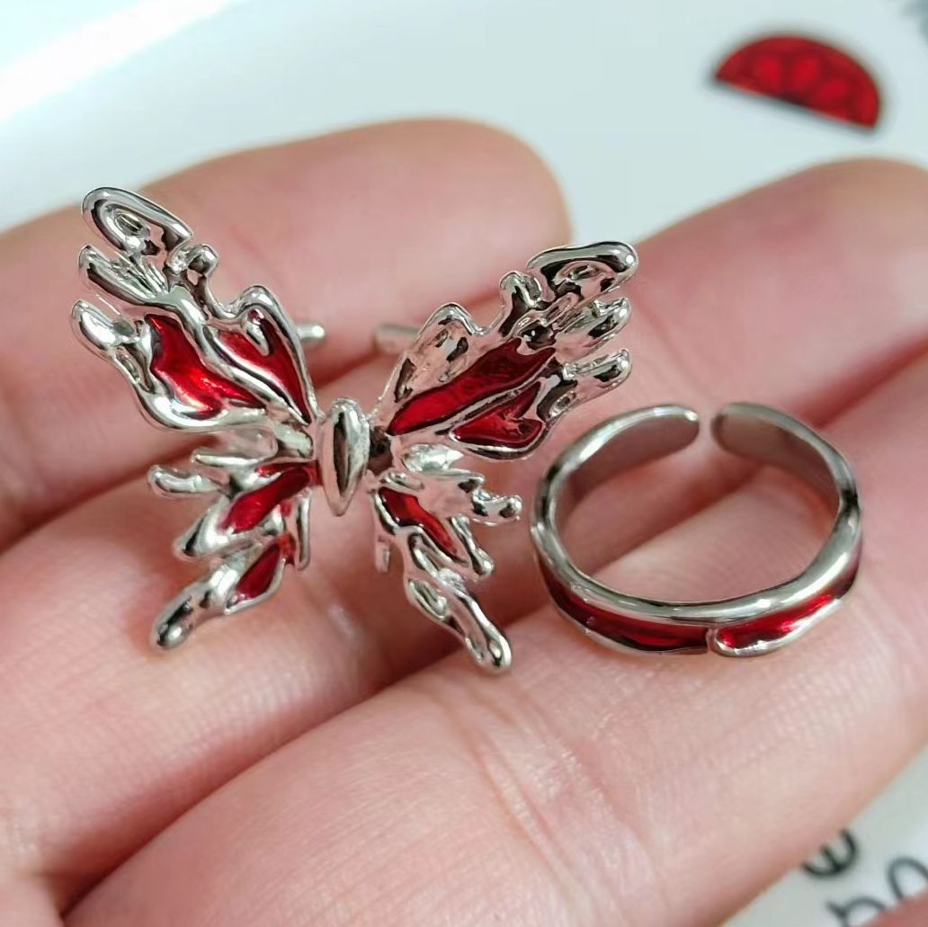 新款立体液态红色蝴蝶开口戒指女小众设计高级感轻奢尾戒个性指环