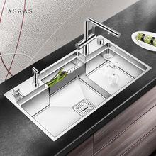 阿萨斯厨房手工水槽4MM加厚304不锈钢单槽阶梯式洗菜盆高低台下盆