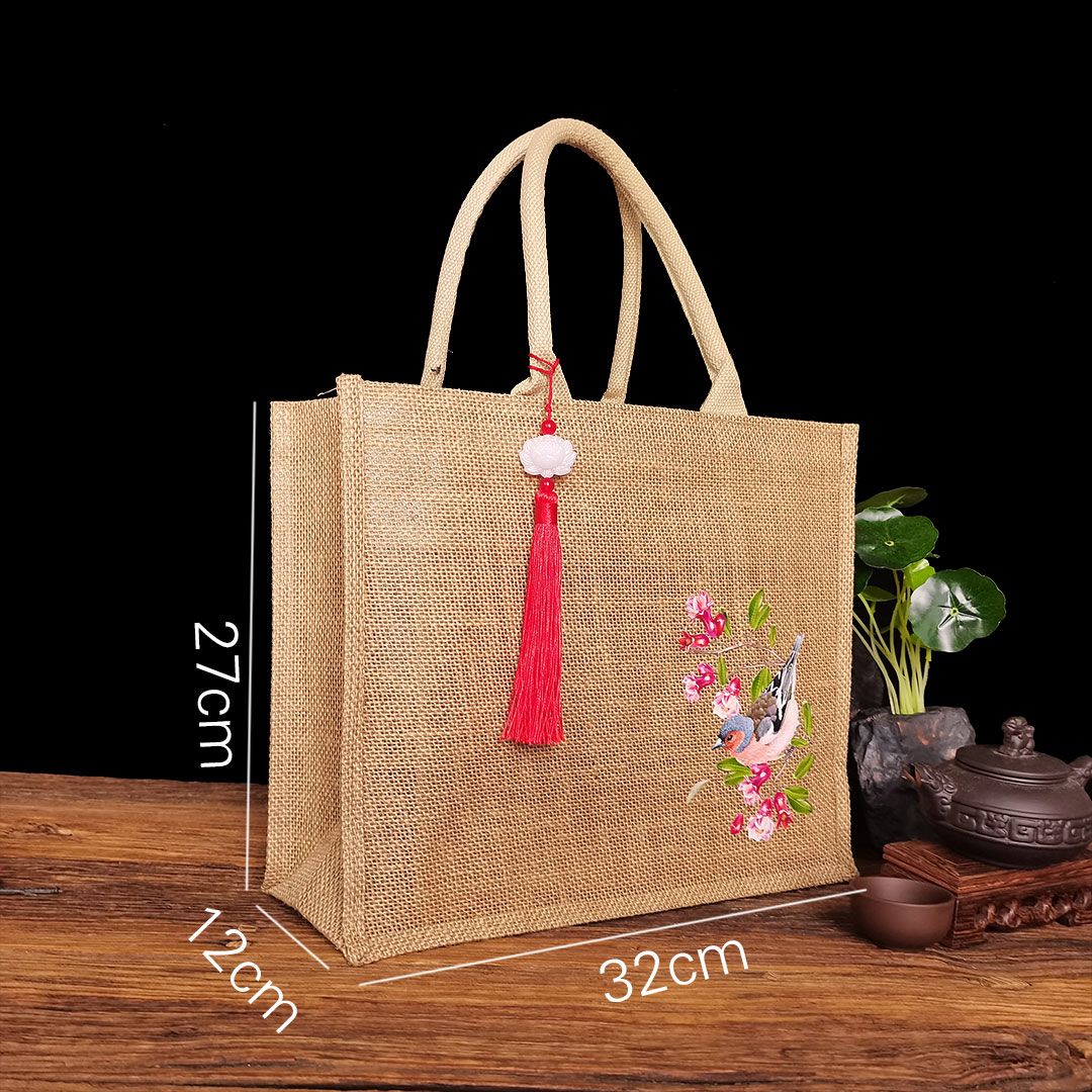 Antique Flower and Bird Sack Chinese Style Gunnysack Shopping Handbag Gift Bag Custom
