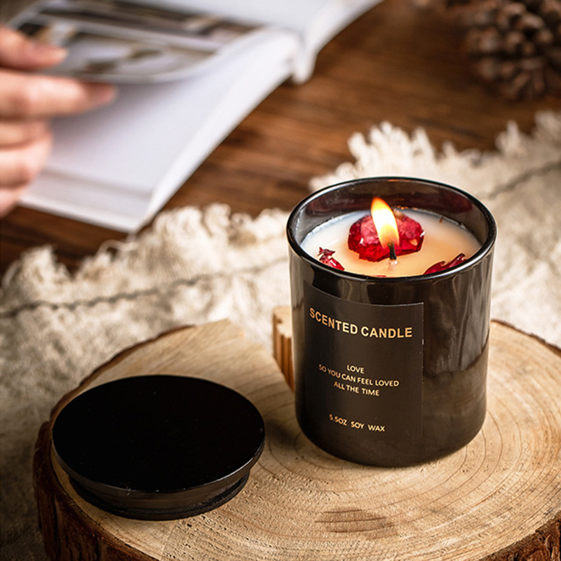 玫瑰花瓣香薰蜡烛黑色木盖大豆蜡轻奢创意浪漫香氛送礼物伴手礼品