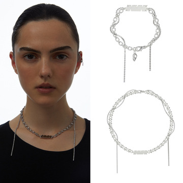 22新款kvk字母吊坠个性不对称流苏短项链手链套装女choker锁骨链