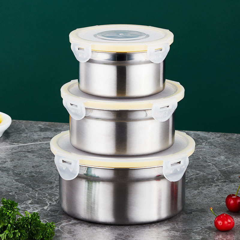304 Stainless Steel Crisper round Band Lid Sealed Jar Instant Noodle Bowl Bento Lunch Box Kitchen Refrigerator Storage Box