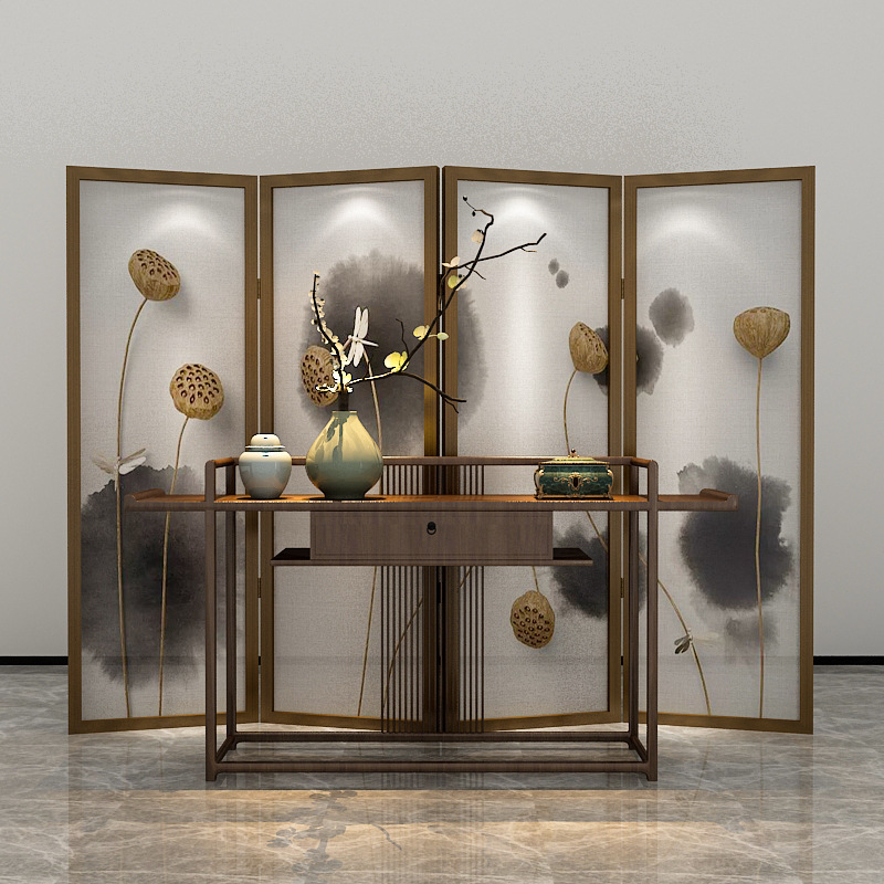中式实木折叠屏风隔断玄关客厅座屏茶楼书房酒店餐厅布艺屏风莲蓬