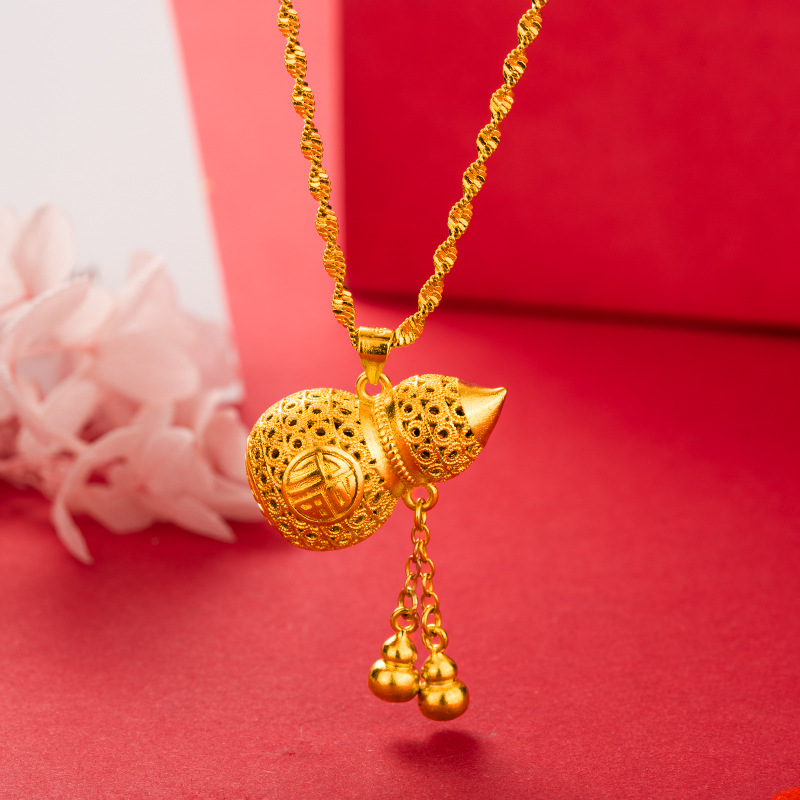 2021新款铜镀金传承工艺镂空福字葫芦沙金吊坠女项链仿黄金饰品