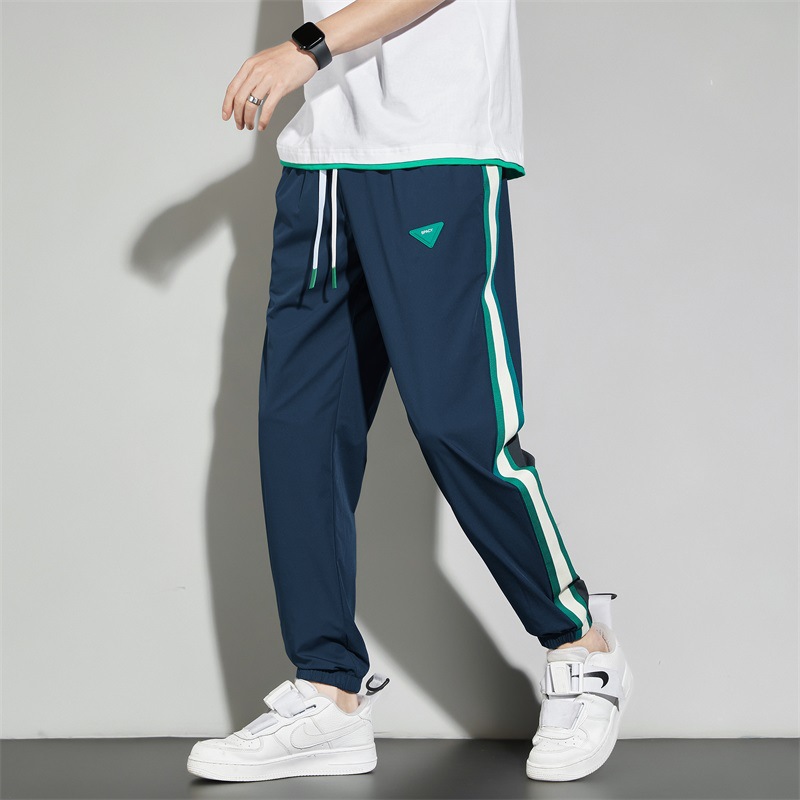 Pants for Men 2023 Summer New Korean Style Trendy Contrast Color Ankle-Length Pants for Young Men Ice Silk Casual Pants