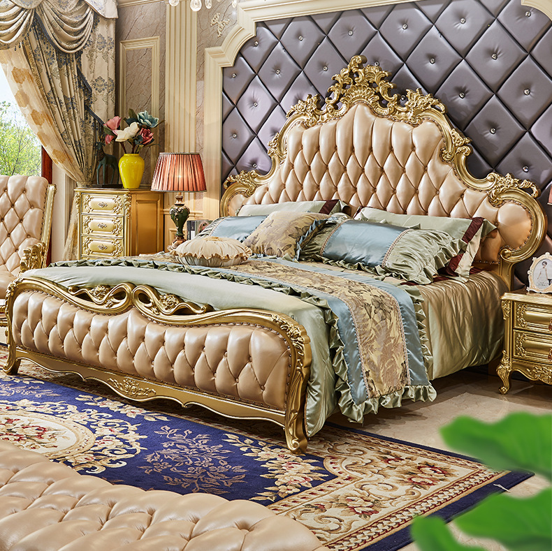 欧式实木大床1.8米双人床 实木雕花金色床真皮公主床奢华婚床主卧
