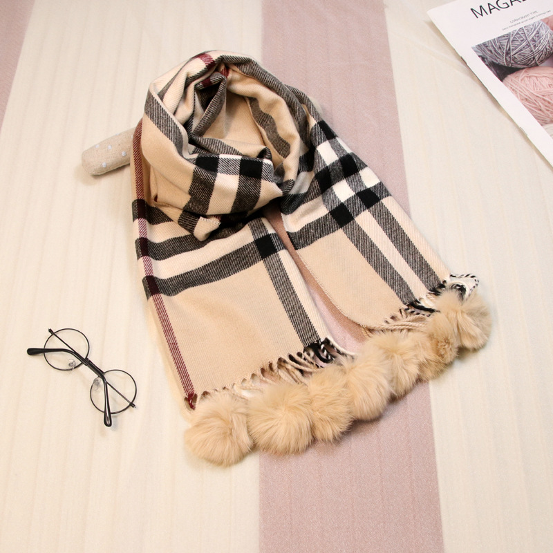 Children's Scarf Scarf Dual-Purpose Autumn and Winter Thick Warm Cashmere-like Plaid Rabbit Hair Ball Scarf for Boys and Girls