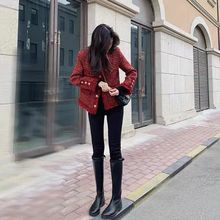 秋冬新款韩版法式洋气红色外穿百搭加厚短款小香风毛呢外套女