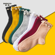 创意款秋冬韩国日系女木耳边珍珠袜子厂家批发中长筒单针针堆堆袜
