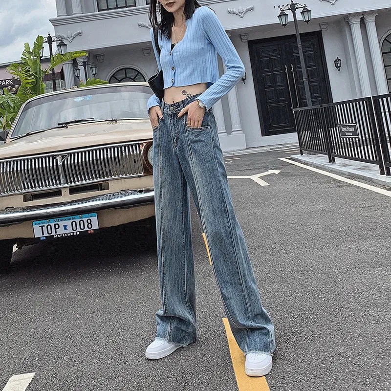 Foreign Trade Jeans for Women High Waist Drooping Slimming Spring and Summer New Loose Retro Dark Straight Mopping Pants