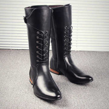 韩版潮流高筒皮靴男长筒系带牛仔尖头靴子cos舞台演出拉链马丁靴-阿里