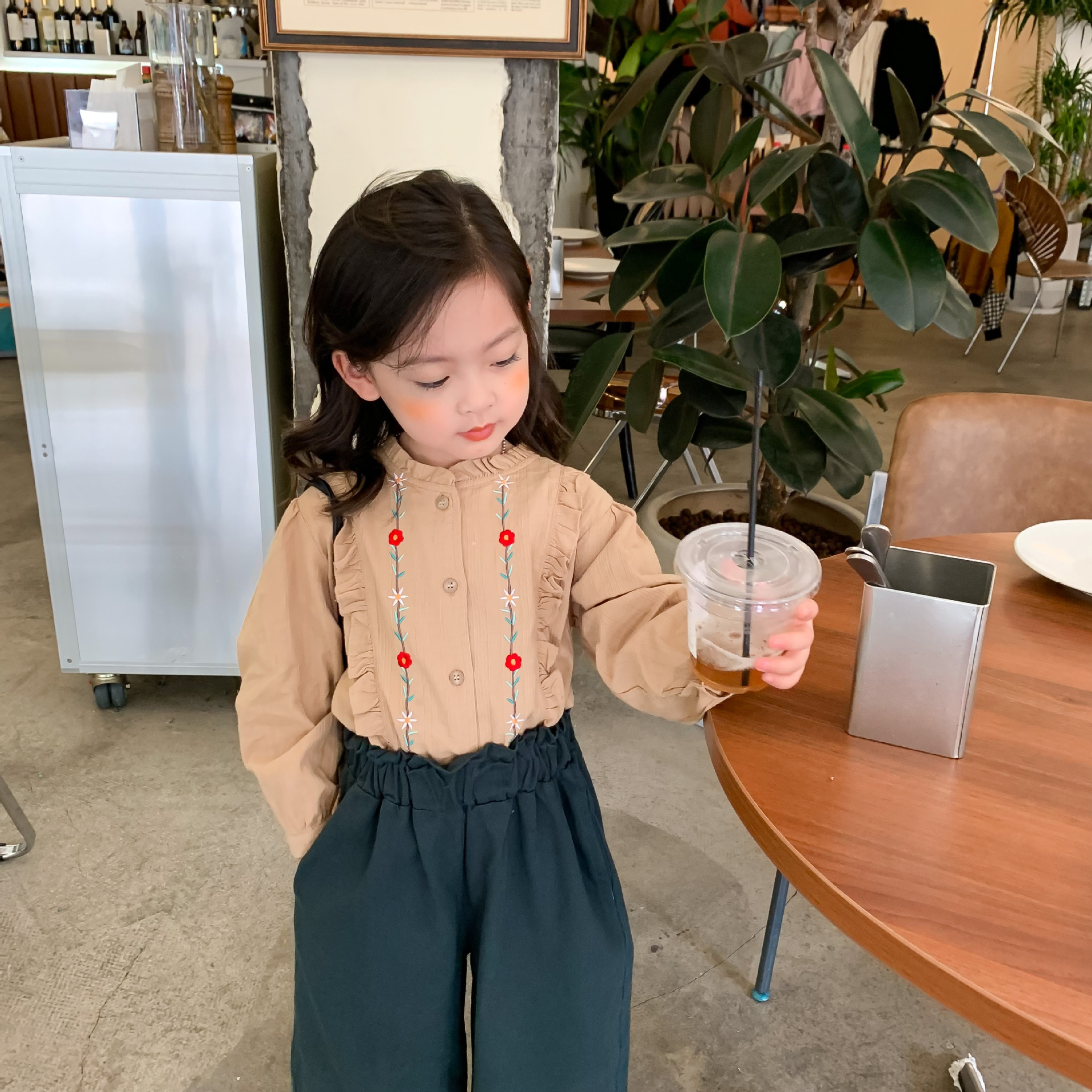 2021秋季新品童装一件代发女童韩版刺绣衬衣 阔腿裤长裤2件套套