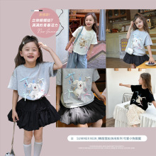 2024夏新款儿童韩版卡通小狗可爱T恤女童甜美立体蝴蝶结短袖