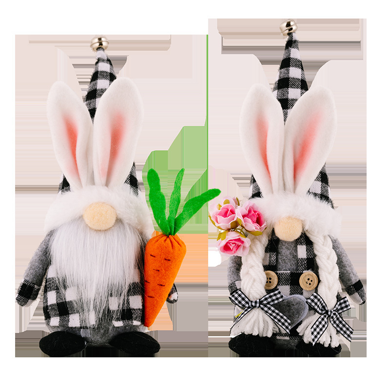 Cross-Border Easter Rabbit New Black and White Plaid Plush Ground White Beard Old Doll Decoration Factory Direct Sales