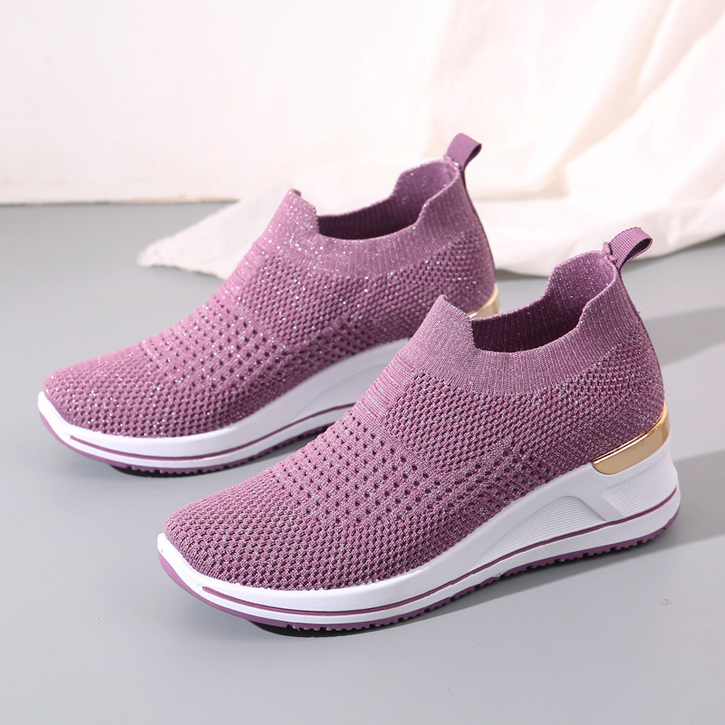 Spring New Sports Shoes Women's All-Match Thick Bottom Breathable Casual Pumps Wedge Women's Shoes Flyknit Mesh Shoes Slip-on