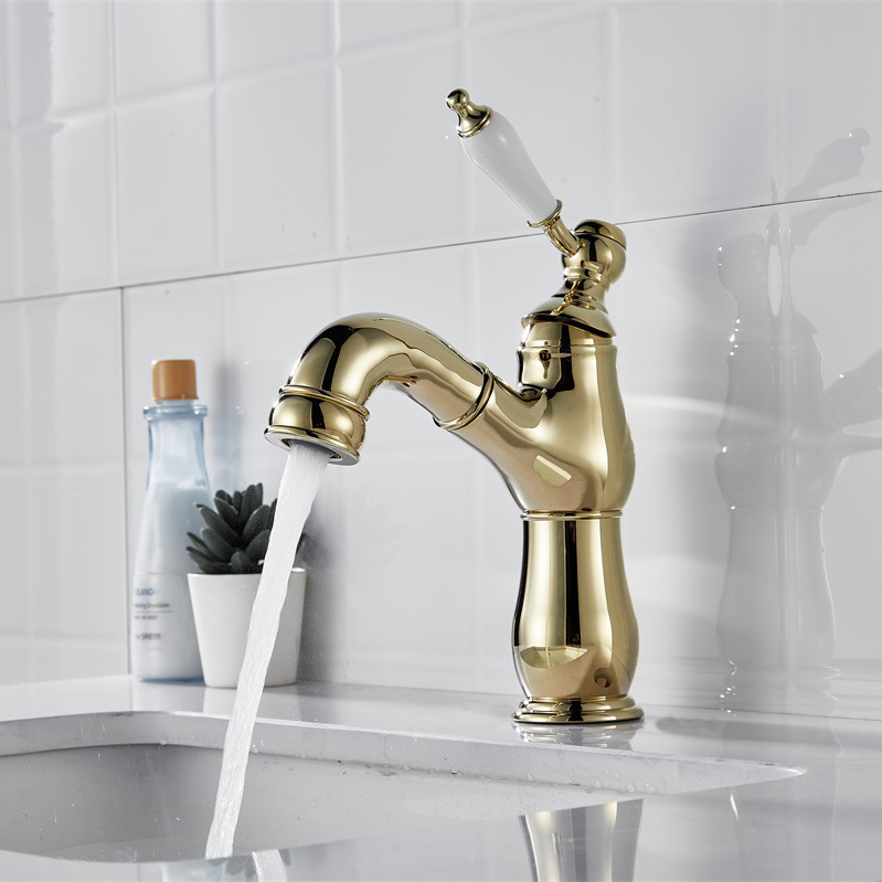 French Pull Faucet Drop-in Sink Faucet Copper Wash Basin Hotel Bathroom Cabinet Ceramic Handle Hot and Cold Water Faucet Water Tap