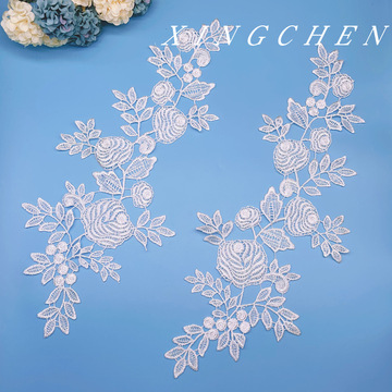玫瑰花水溶花边刺绣涤光丝对花婚纱礼服刺绣现货批发外贸跨境专供
