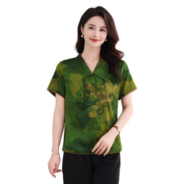 夏季新款国风中老年人妈妈装v领时尚上衣t恤杉短袖印花女士家居服