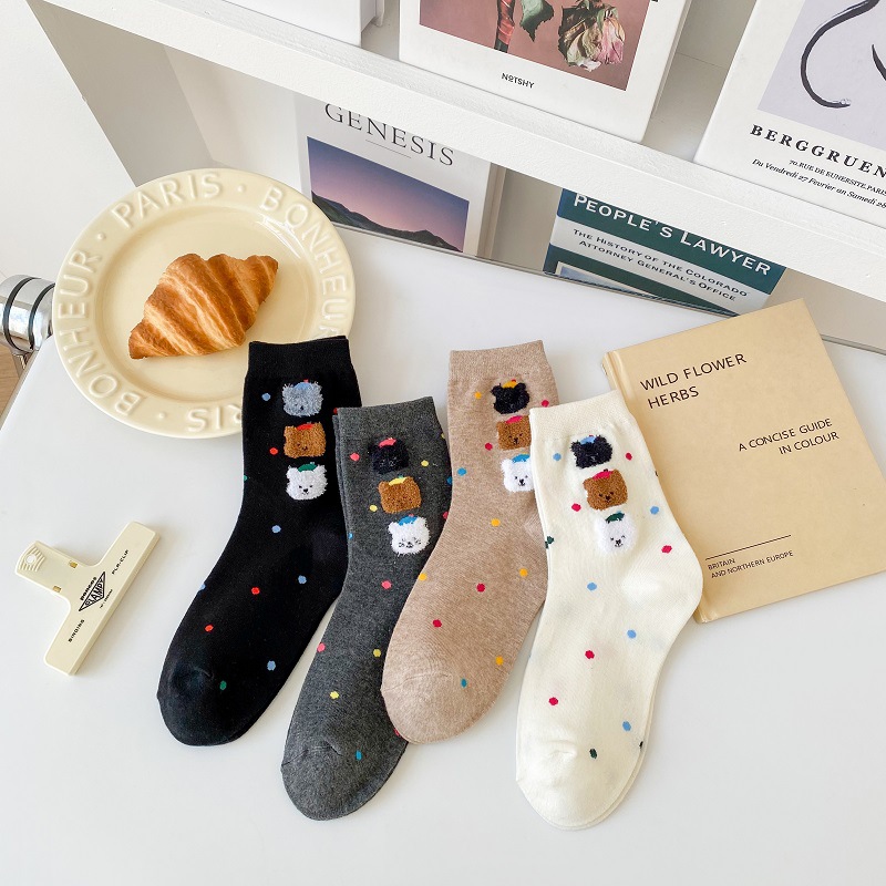 可爱卡通波点小熊袜子女春秋款中筒袜ins潮日系网红韩国创意长袜