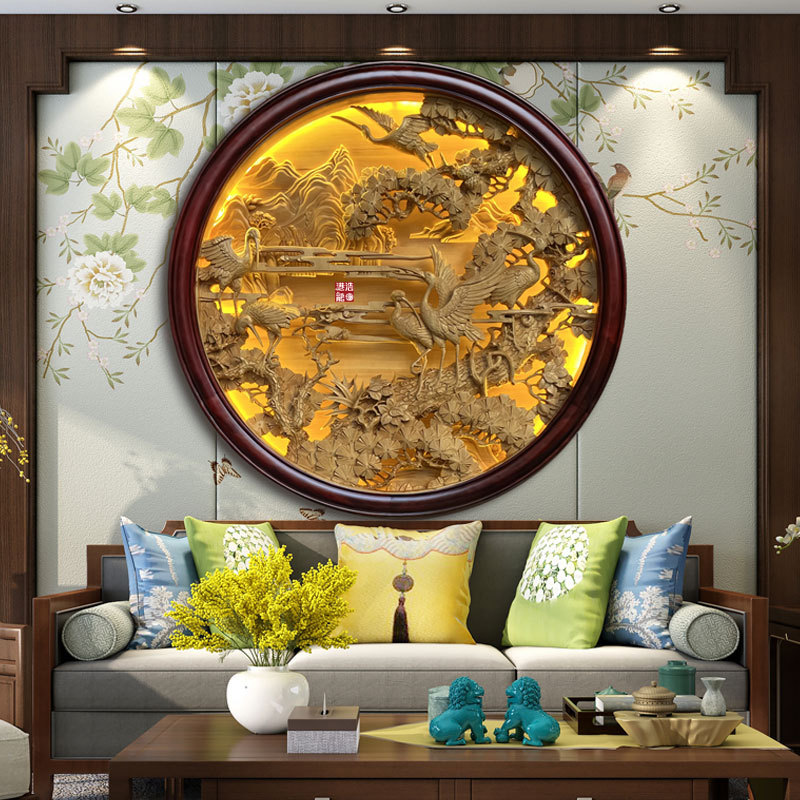 东阳木雕纯手工木雕进门玄客厅背景墙挂画屏风隔断新中式松鹤延年