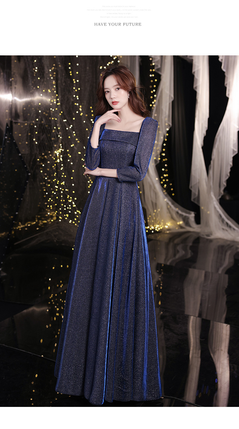 蓝色晚礼服裙女2022春秋新款大气长袖星空长裙主持人气质年会礼服