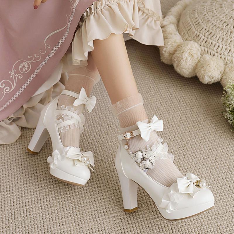 洛丽塔花嫁鞋小皮鞋配裙子高跟单鞋甜美公主鞋粗跟洛丽塔鞋
