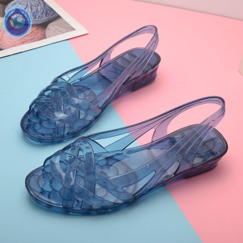 塑料凉鞋80年代网红公主水晶鞋女透明果冻鱼嘴低跟凉鞋塑胶一体舞