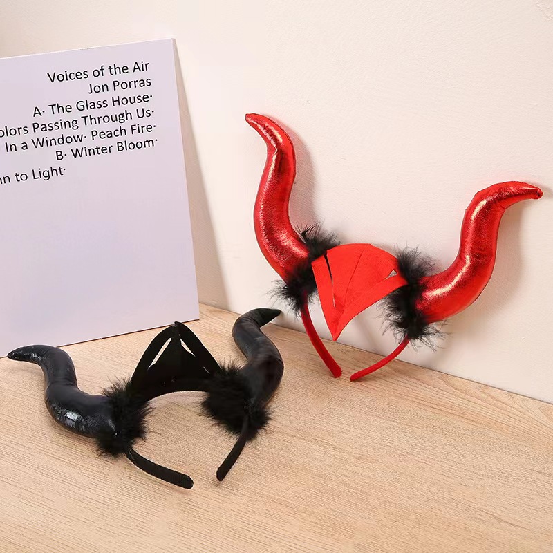 新款热销万圣节头扣反光布牛角头箍新款恶魔牛角发箍表演道具