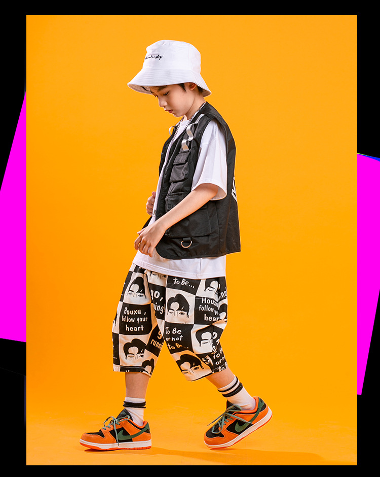 嘻哈儿童街舞套装男童夏季潮牌少儿hiphop迷彩马甲男孩六一演出服
