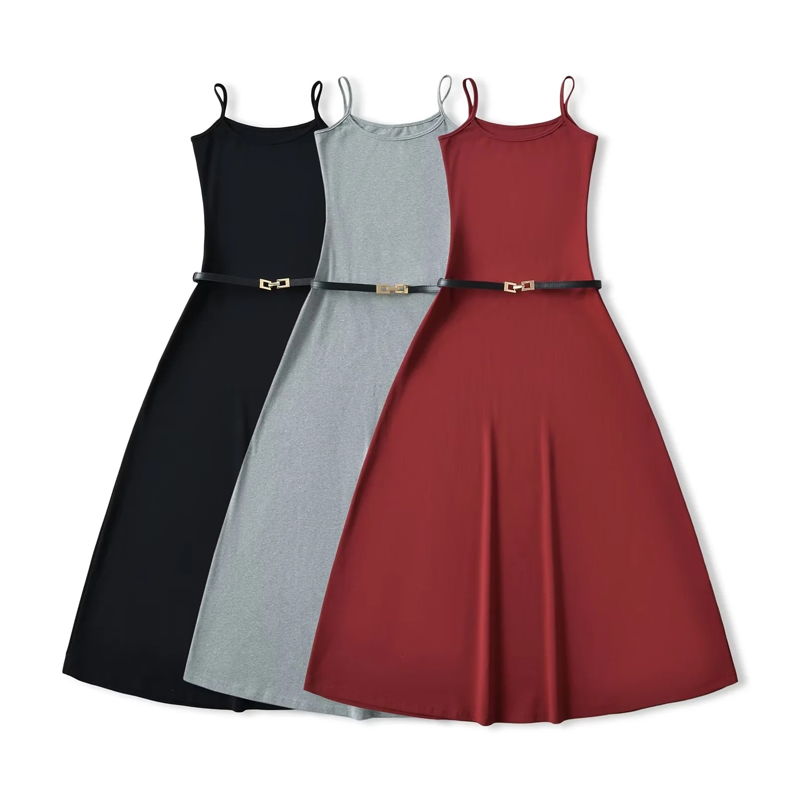 2024夏季新款大裙摆吊带裙辣妹带腰带连衣裙女收腰显瘦高腰弹力裙