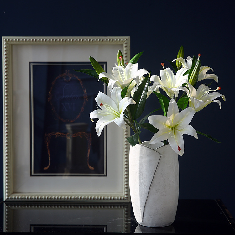 简约唯美 三头百合仿真花假花客厅摆设家居布置花瓶摆件花艺套装