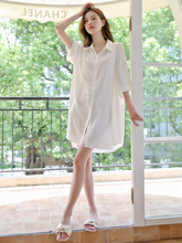 2023新款春夏季情调衣冰丝薄款短袖衬衫宽松款大码性感睡衣裙白色
