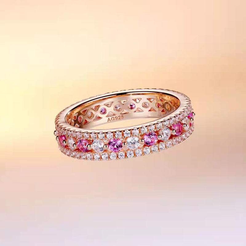 粉钻间色排戒 纯银镀18k玫瑰金时尚满天星高级感指环彩金排钻戒指