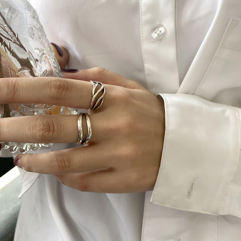 日韩复古叠戴组合戒指女925银ins个性简约嘻哈蹦迪开口食指环潮