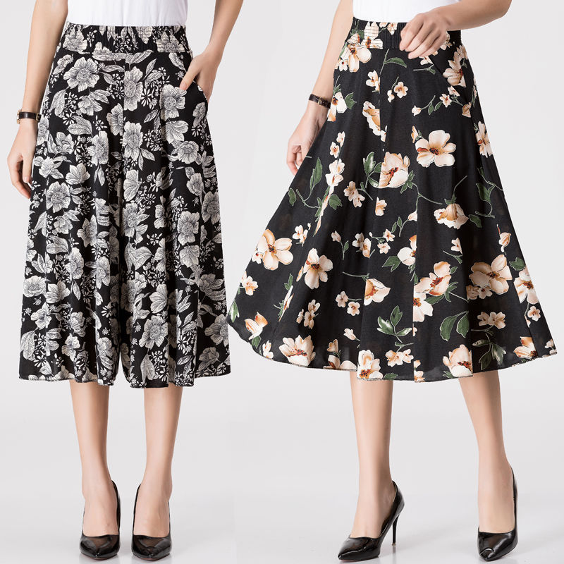 中老年七分女裤夏季薄款花色大码阔腿裤裙松紧腰宽松跳舞妈妈裤裙