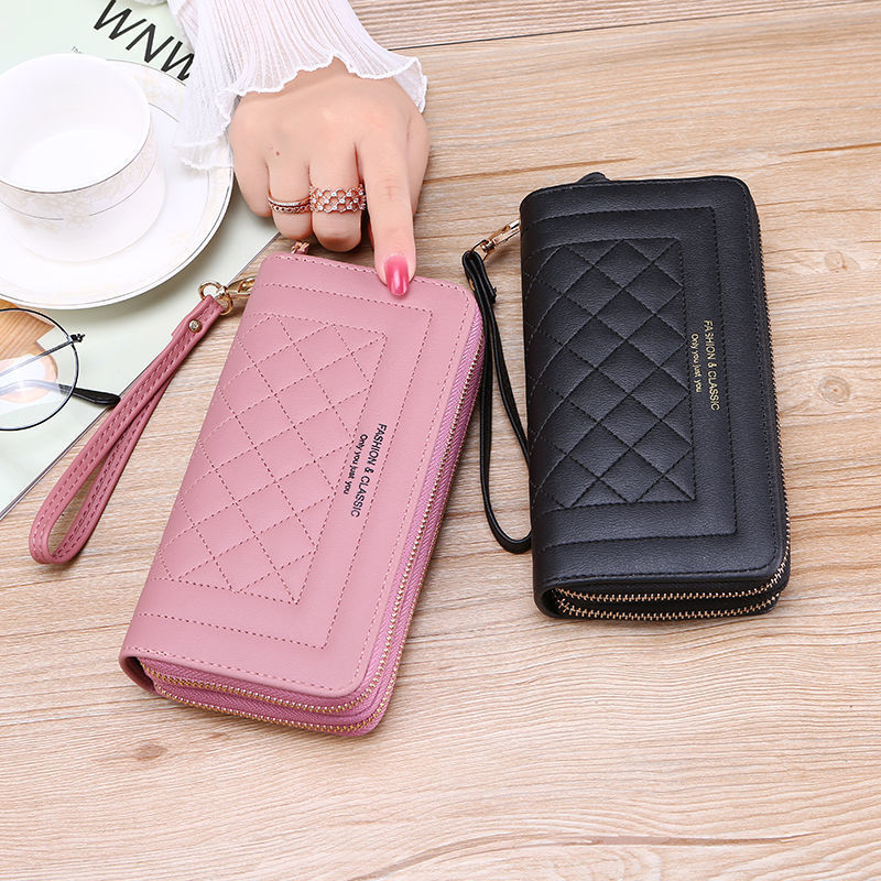 Solid Color Women Bag Embroidery Thread Wallet Female Long Clutch Korean Style Mobile Phone Bag Double Zipper Rhombus Large Capacity Card Holder