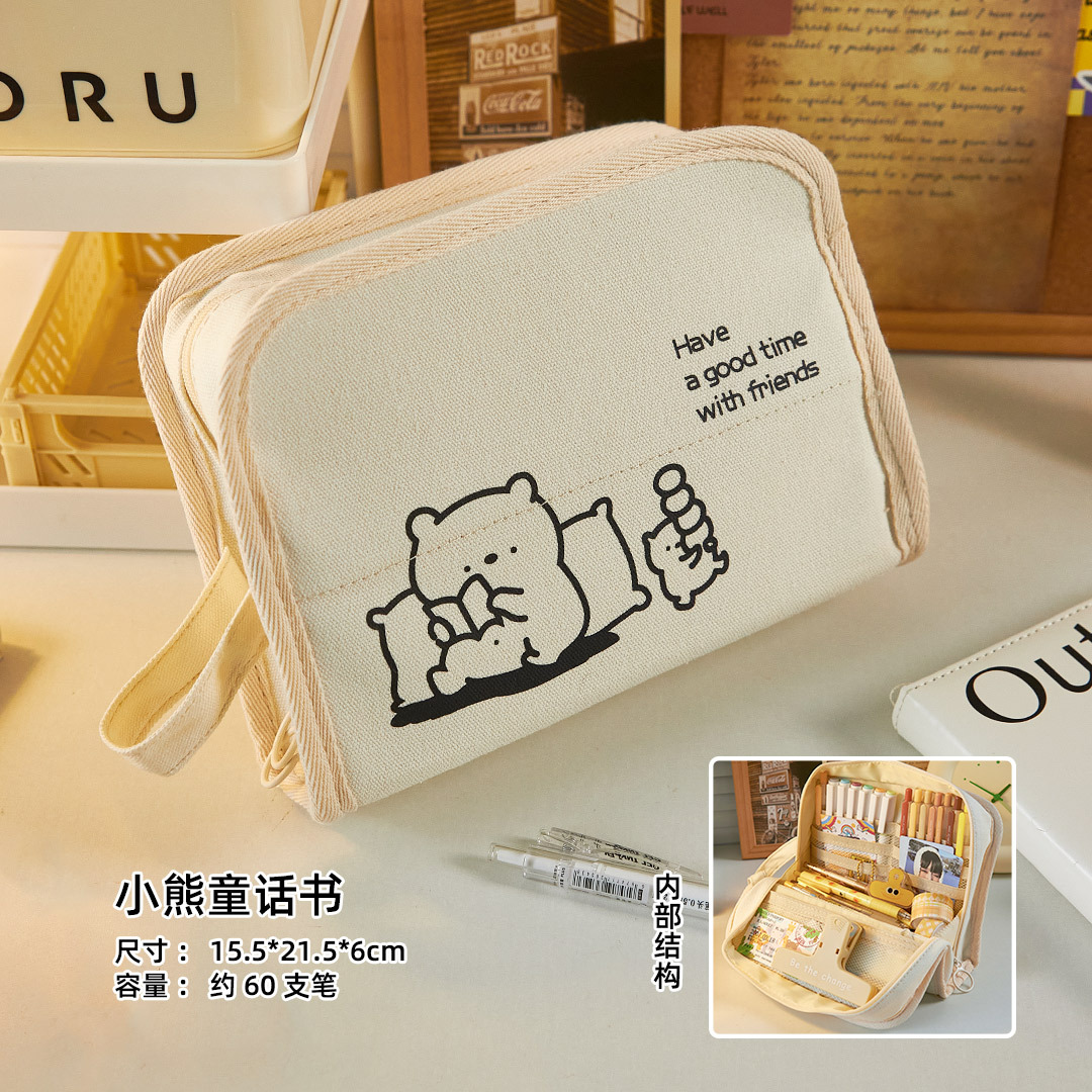 Canvas Pen Bag Large Capacity Girl Ins Style Japanese Stationery Box New Popular Student Stationery Storage Pencil Box