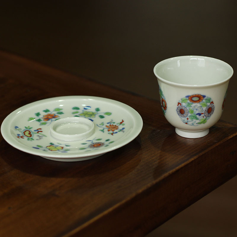 斗彩团菊茶杯套组 景德镇手绘茶杯套装杯托主人杯品茗茶杯可单卖