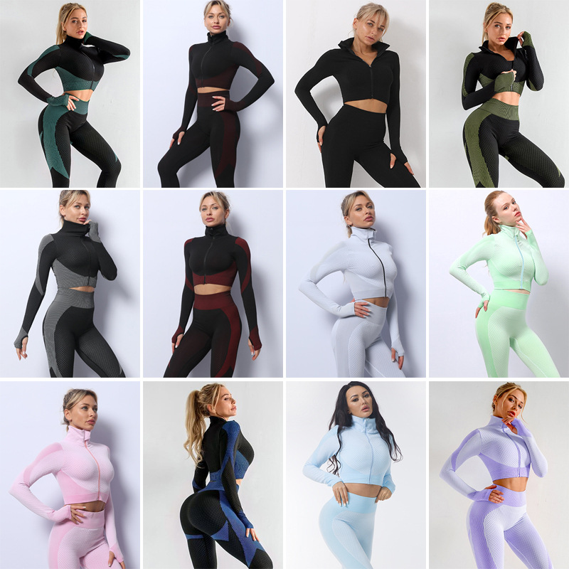 European and American Long Sleeve Seamless Yoga Suit Quick-Drying Fitness Yoga Wear Top Lulu Yoga Pants Skinny Workout Pants