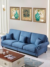 地中海田园风棉麻布艺沙发直排三人位客厅现代轻奢美式复古蓝色